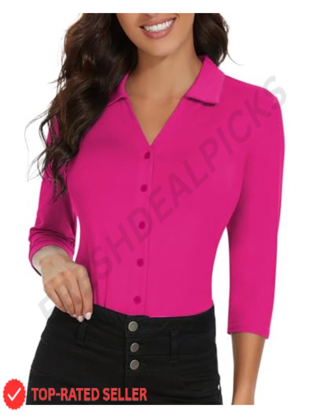 Womens 3/4 Sleeve Button Down Polo Shirt V Neck Work Blouse
